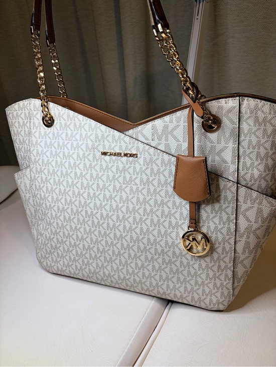 Michael Kors Handbags - Michael Kors Cream & Brown MK Signature Tote with Gold Hardware